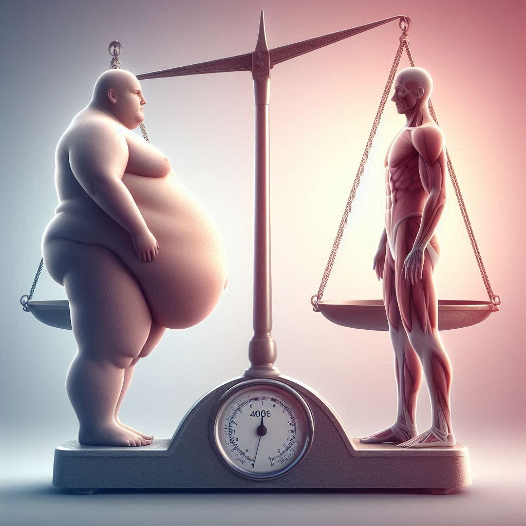 Imagem ilustrativa de transformação corporal com balança de equilíbrio entre obesidade e saúde